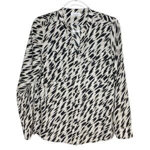 Calvin Klein Womens Sz Small Blouse Split V-Neck Tan Black Button Up Long Sleeve